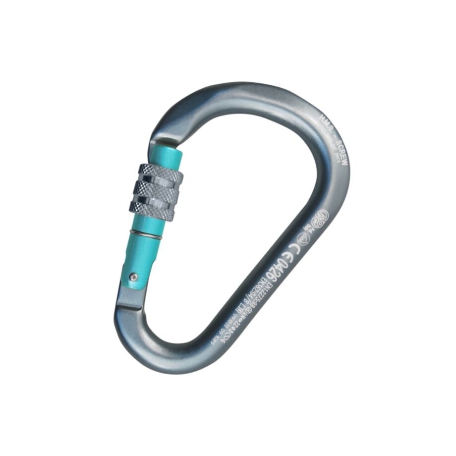 Kong. HMS Napik Screw Sleeve. Moschettone in Alluminio con Ghiera a Vite. Design a Base Larga. Sistema Keylock Antimpiglio. Per Arrampicata e lavoro. Made in Italy. EN 362/B, EN 12275/H. 80g. Turchese